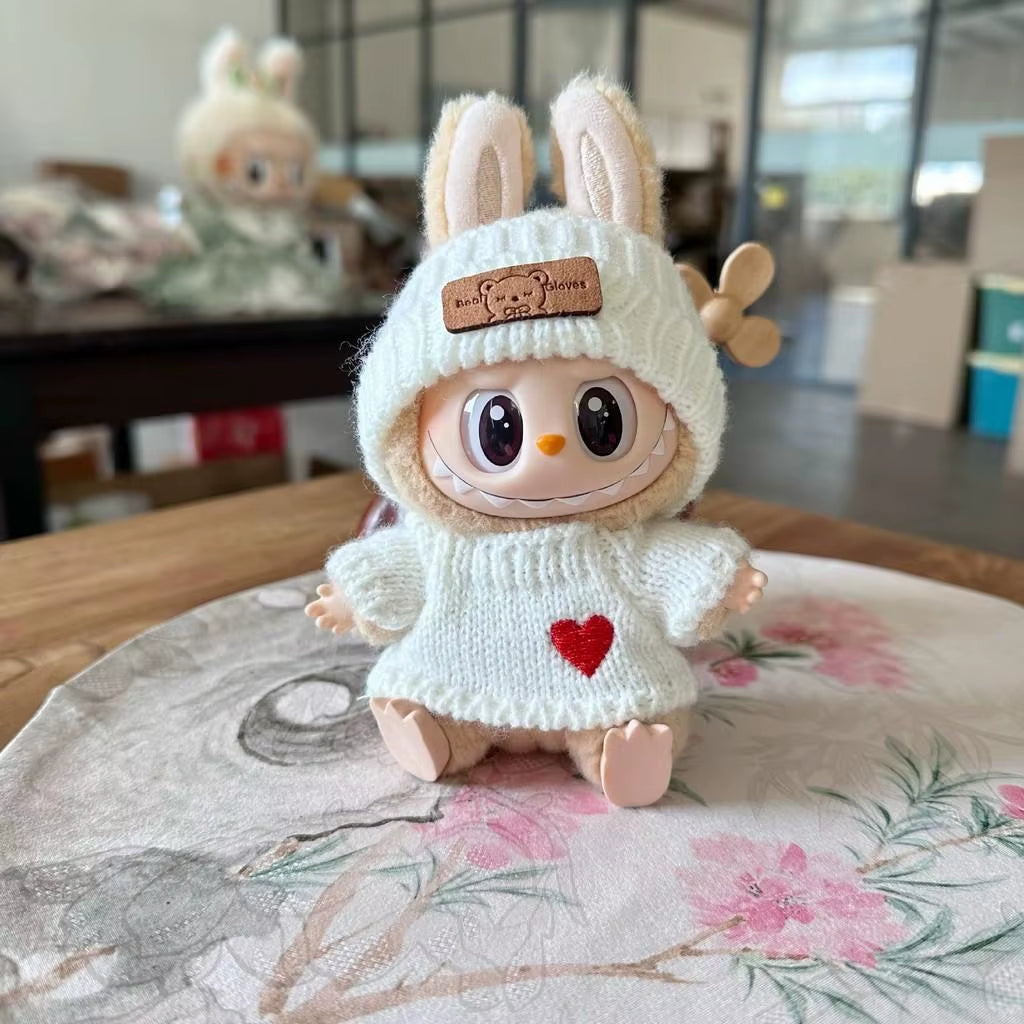 For 17Cm Labubu Doll Outfit Clothes Bear Label Hat Love Sweater Set Cute Decoration Little Clothes