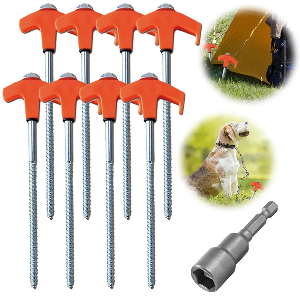 20/14.5Cm Screw-In Tent Stakes Ground Anchors M8 Carbon Steel Hexagonal Plastic Head Spiral Screws Camping Peg Ground Nails Tool