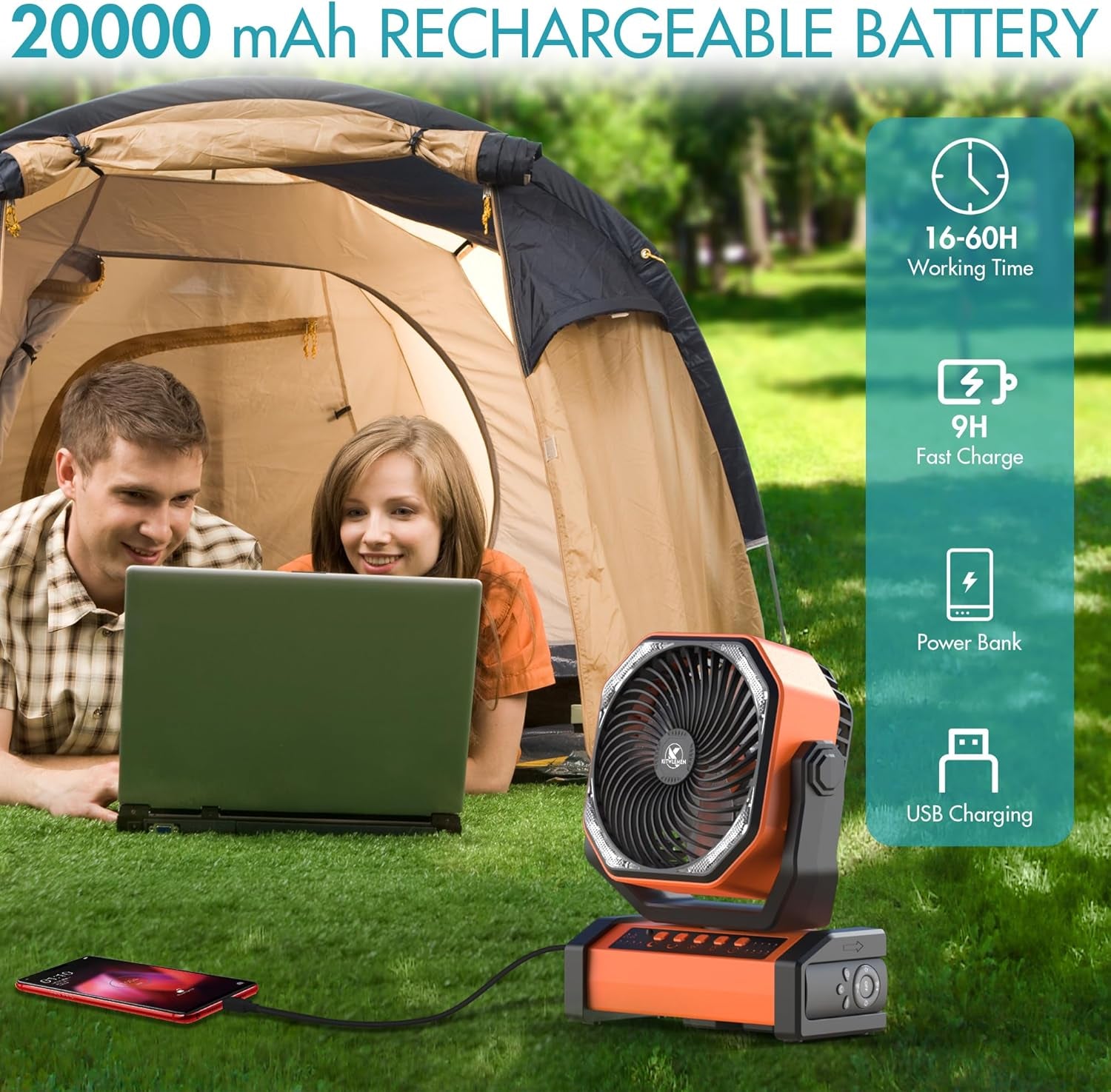 20000Mah Camping Fan with LED Light, Auto-Oscillating Desk Fan with Remote & Hook, Rechargeable Battery Operated Tent Fan, 4 Powerful Speeds 4 Timers USB Fan for Camping Jobsite Hurricane Emergency