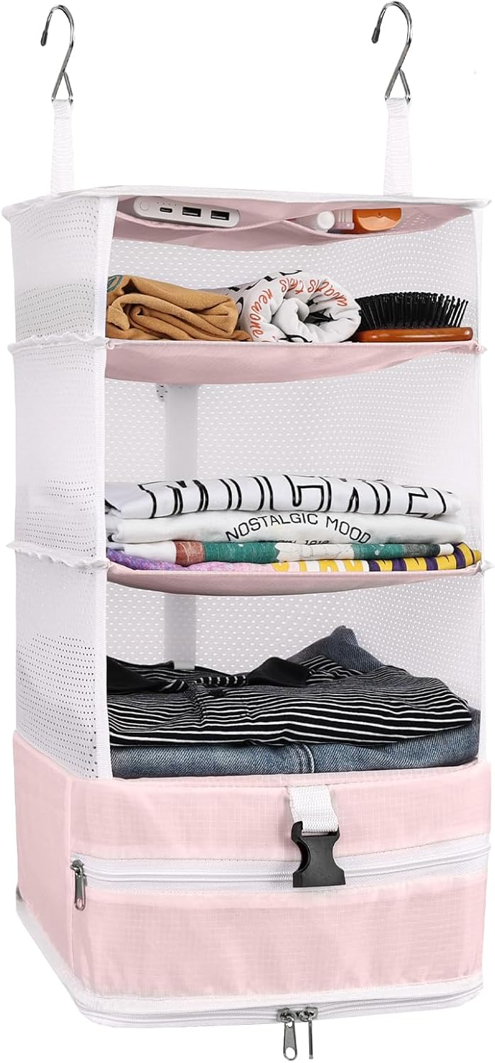 Hanging Closet Storage Bag Collapsible 3-Shelf Washable Oxford Fabric with 2 Hooks (L 11.41 * 11.41 * 19.68In, Black)