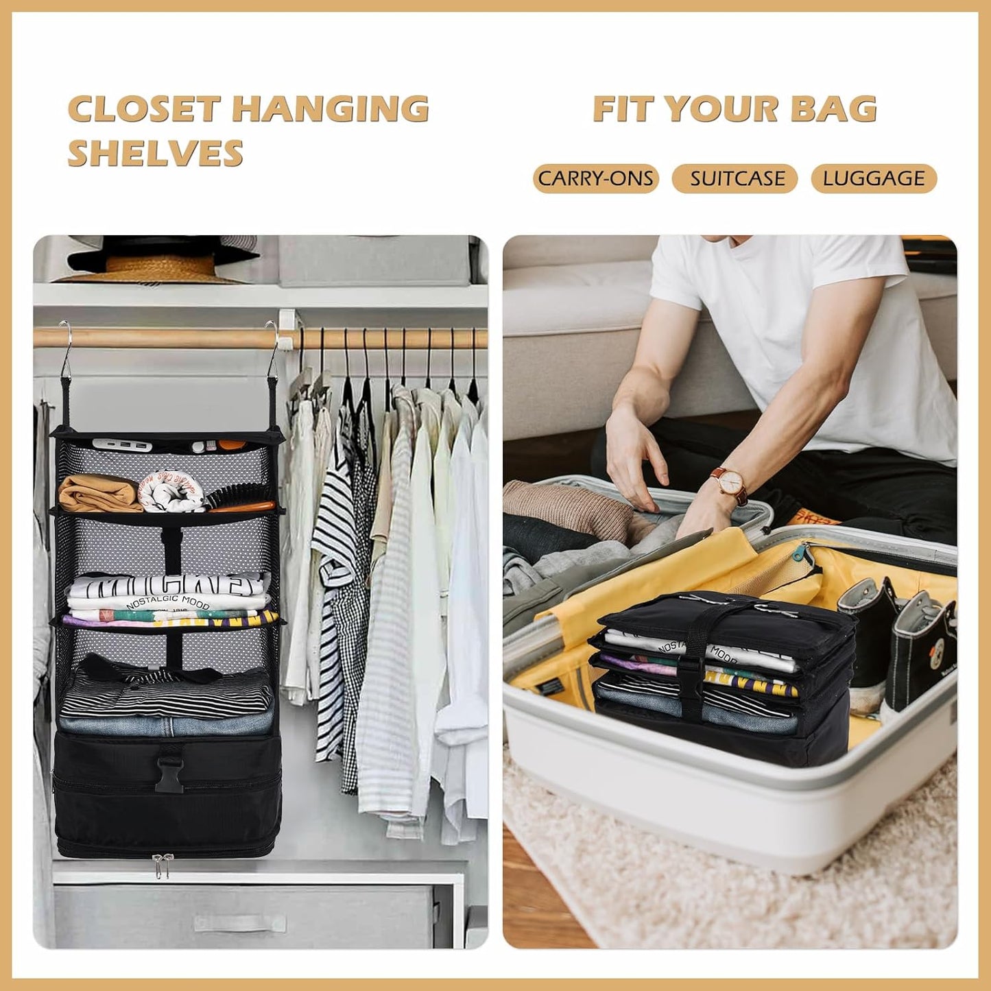 Hanging Closet Storage Bag Collapsible 3-Shelf Washable Oxford Fabric with 2 Hooks (L 11.41 * 11.41 * 19.68In, Black)