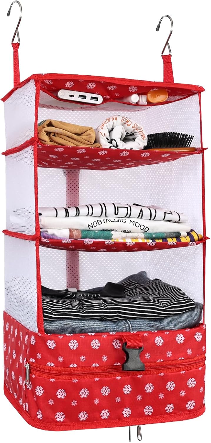 Hanging Closet Storage Bag Collapsible 3-Shelf Washable Oxford Fabric with 2 Hooks (L 11.41 * 11.41 * 19.68In, Black)