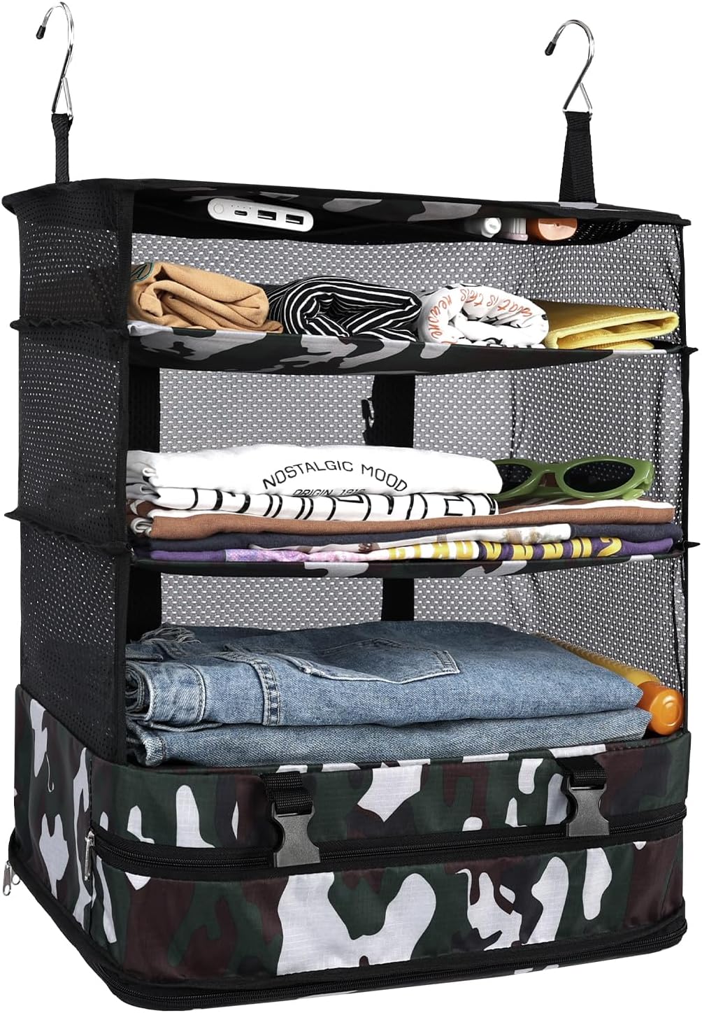 Hanging Closet Storage Bag Collapsible 3-Shelf Washable Oxford Fabric with 2 Hooks (L 11.41 * 11.41 * 19.68In, Black)