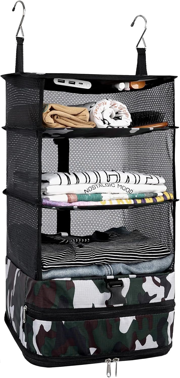 Hanging Closet Storage Bag Collapsible 3-Shelf Washable Oxford Fabric with 2 Hooks (L 11.41 * 11.41 * 19.68In, Black)