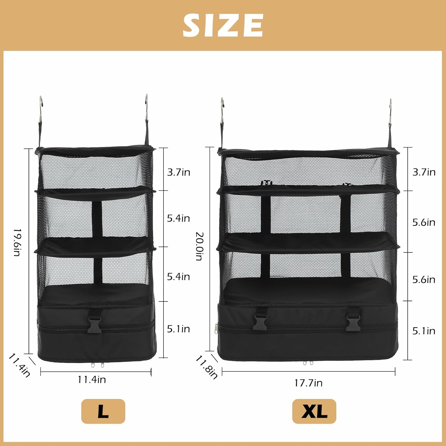 Hanging Closet Storage Bag Collapsible 3-Shelf Washable Oxford Fabric with 2 Hooks (L 11.41 * 11.41 * 19.68In, Black)