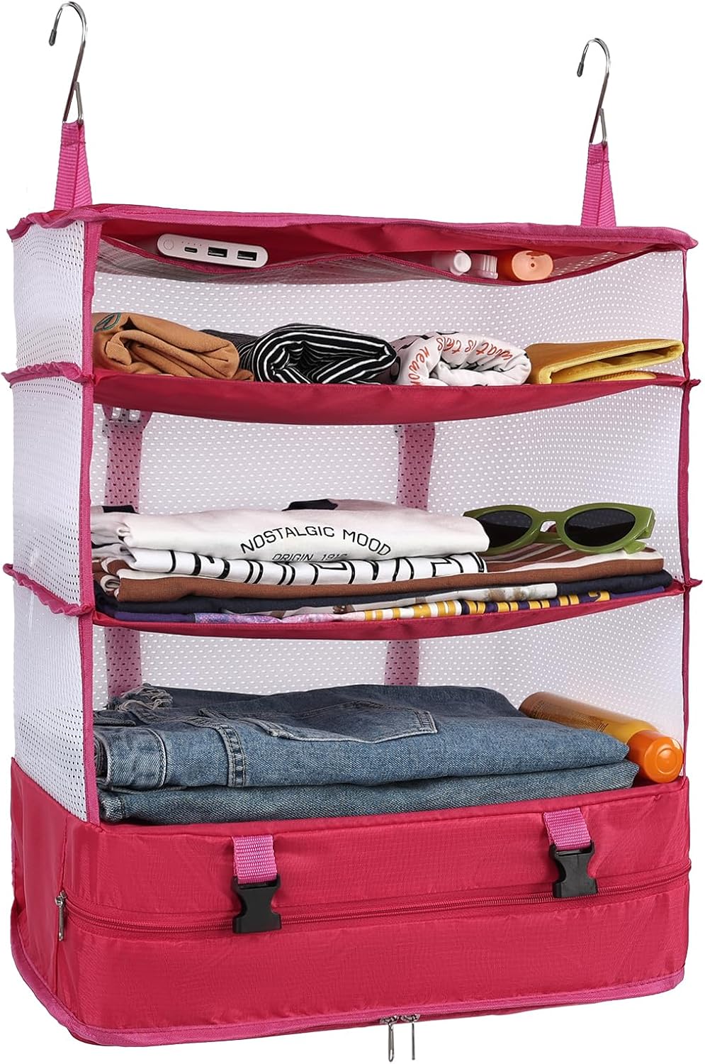 Hanging Closet Storage Bag Collapsible 3-Shelf Washable Oxford Fabric with 2 Hooks (L 11.41 * 11.41 * 19.68In, Black)