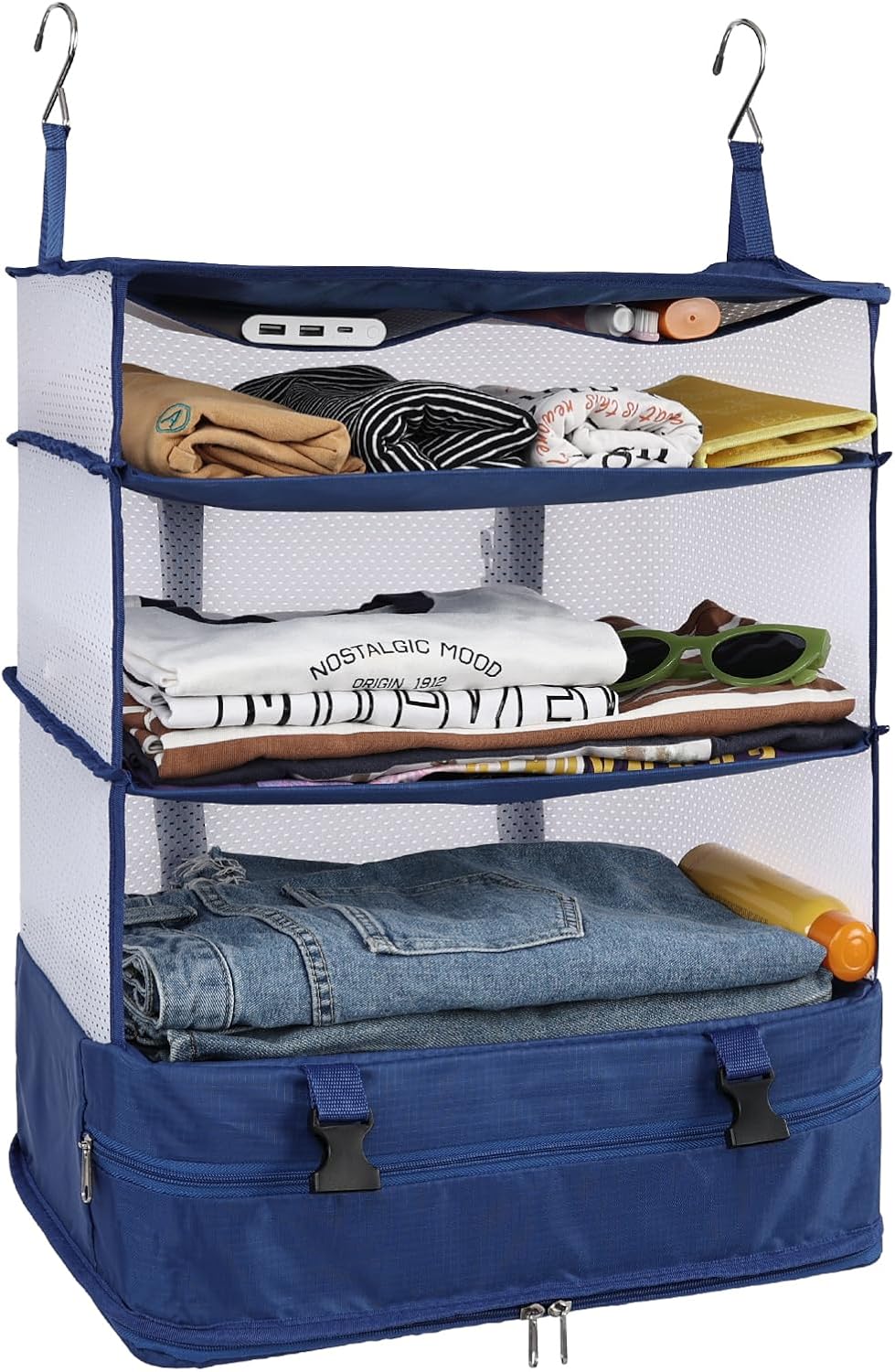 Hanging Closet Storage Bag Collapsible 3-Shelf Washable Oxford Fabric with 2 Hooks (L 11.41 * 11.41 * 19.68In, Black)