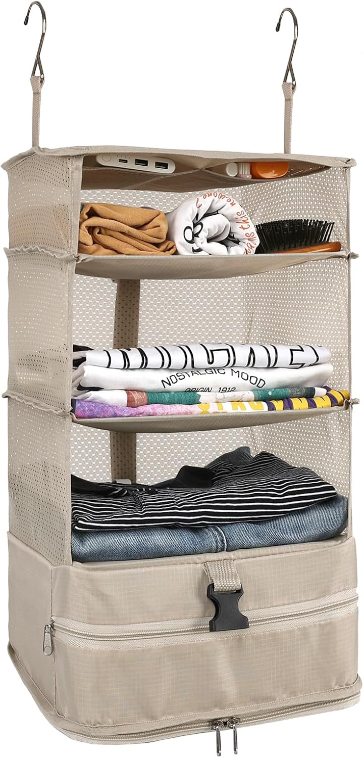 Hanging Closet Storage Bag Collapsible 3-Shelf Washable Oxford Fabric with 2 Hooks (L 11.41 * 11.41 * 19.68In, Black)