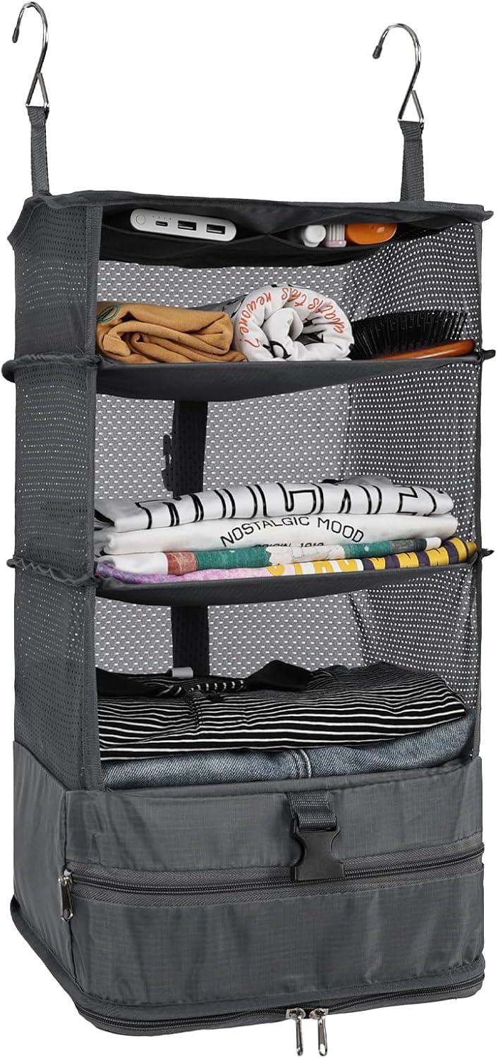 Hanging Closet Storage Bag Collapsible 3-Shelf Washable Oxford Fabric with 2 Hooks (L 11.41 * 11.41 * 19.68In, Black)