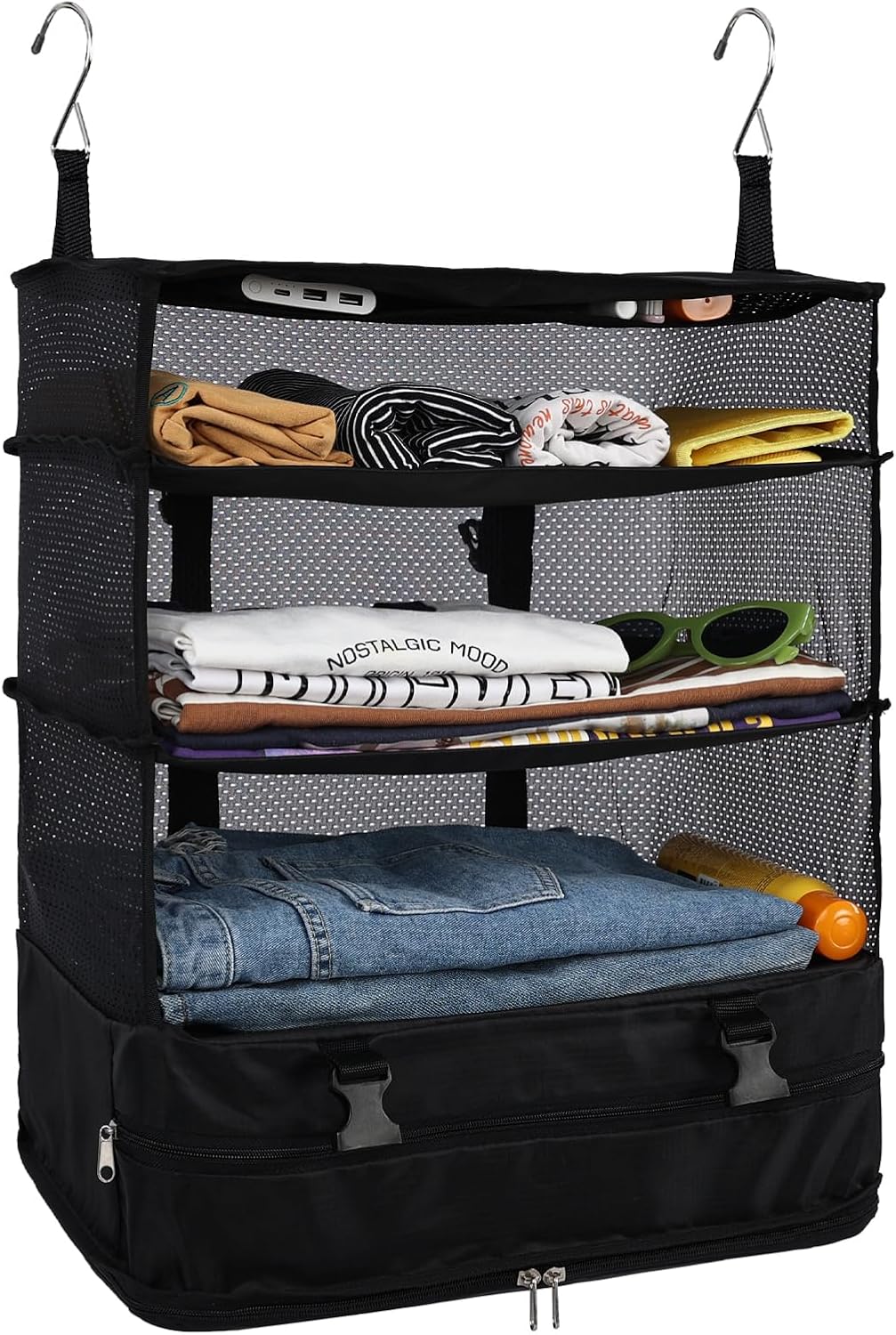 Hanging Closet Storage Bag Collapsible 3-Shelf Washable Oxford Fabric with 2 Hooks (L 11.41 * 11.41 * 19.68In, Black)