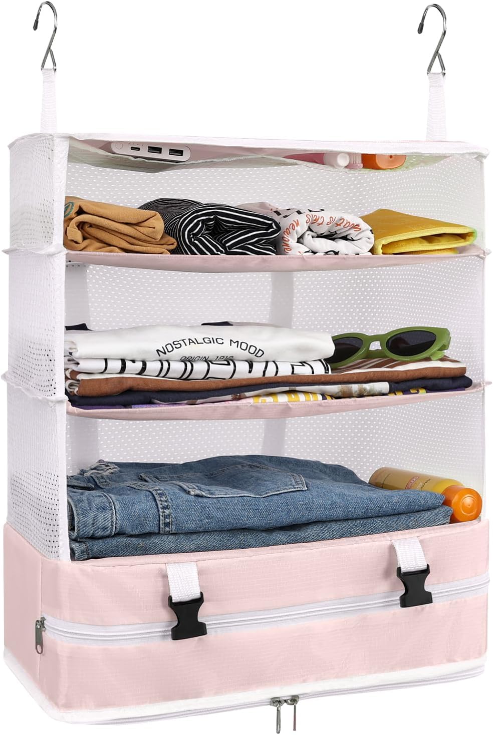 Hanging Closet Storage Bag Collapsible 3-Shelf Washable Oxford Fabric with 2 Hooks (L 11.41 * 11.41 * 19.68In, Black)