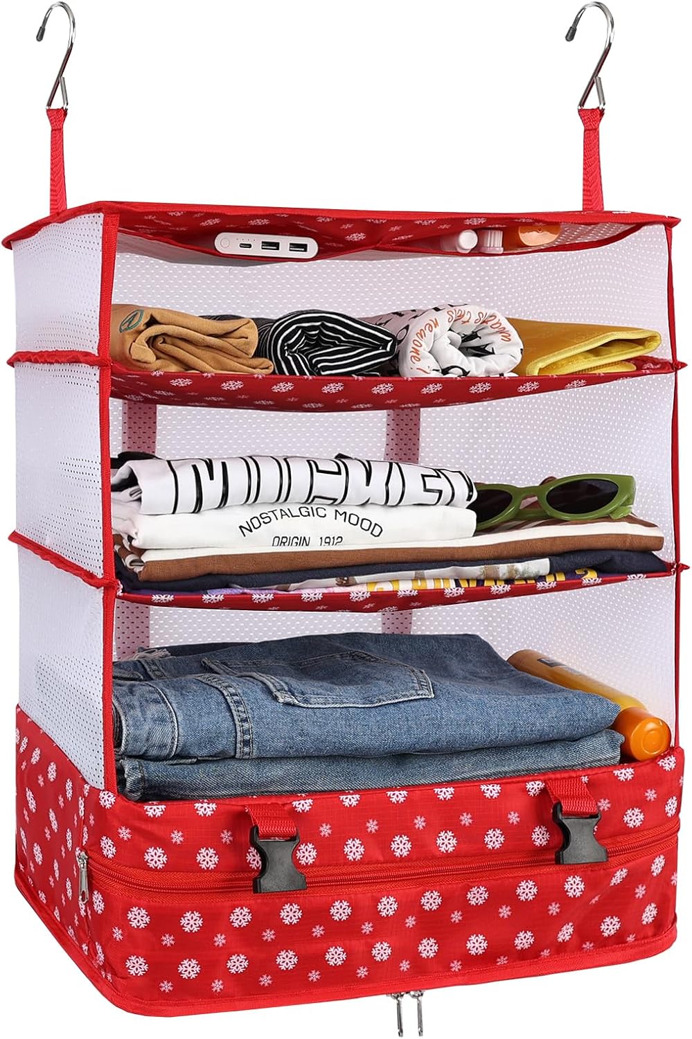 Hanging Closet Storage Bag Collapsible 3-Shelf Washable Oxford Fabric with 2 Hooks (L 11.41 * 11.41 * 19.68In, Black)