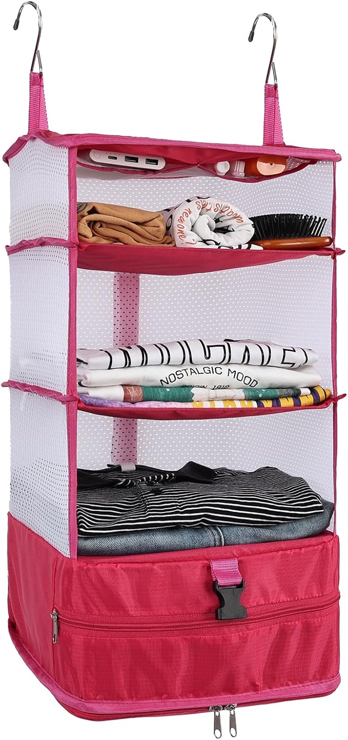 Hanging Closet Storage Bag Collapsible 3-Shelf Washable Oxford Fabric with 2 Hooks (L 11.41 * 11.41 * 19.68In, Black)