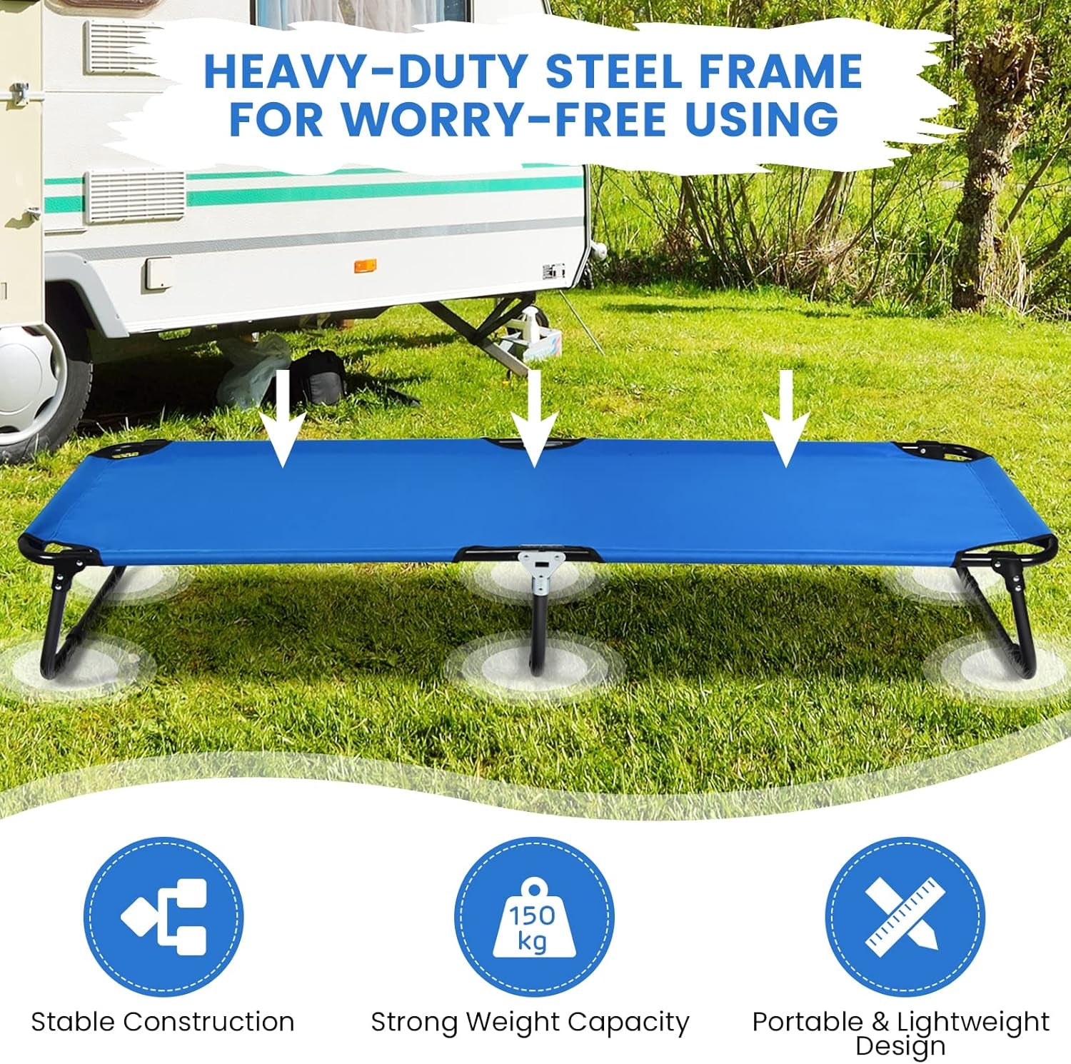 Portable Folding Camping Cot, 75" Outdoor Fabric Sleeping Cot with Sturdy Metal Frame & Non-Slip Feet, Lightweight Military/Army Camping Bed for Camping, Beach, Lawn, Office (Blue)