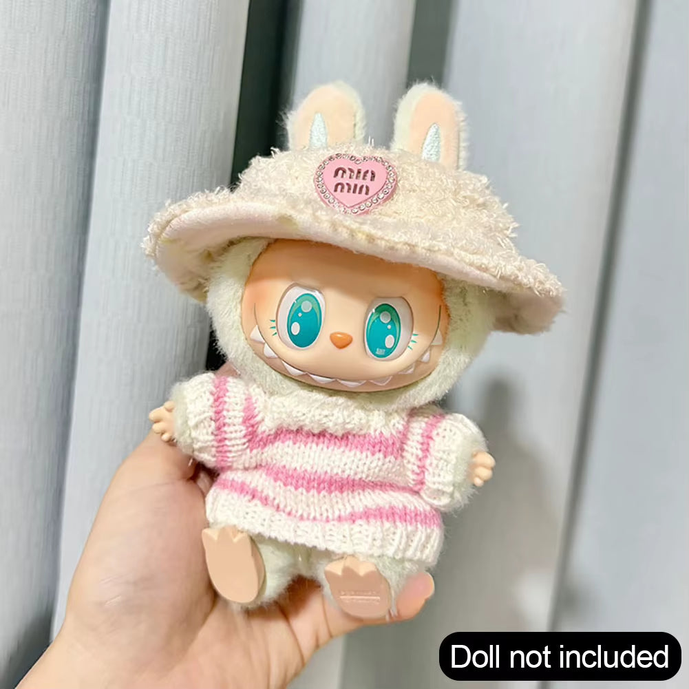 For 17Cm Labubu Doll Outfit Clothes Bear Label Hat Love Sweater Set Cute Decoration Little Clothes