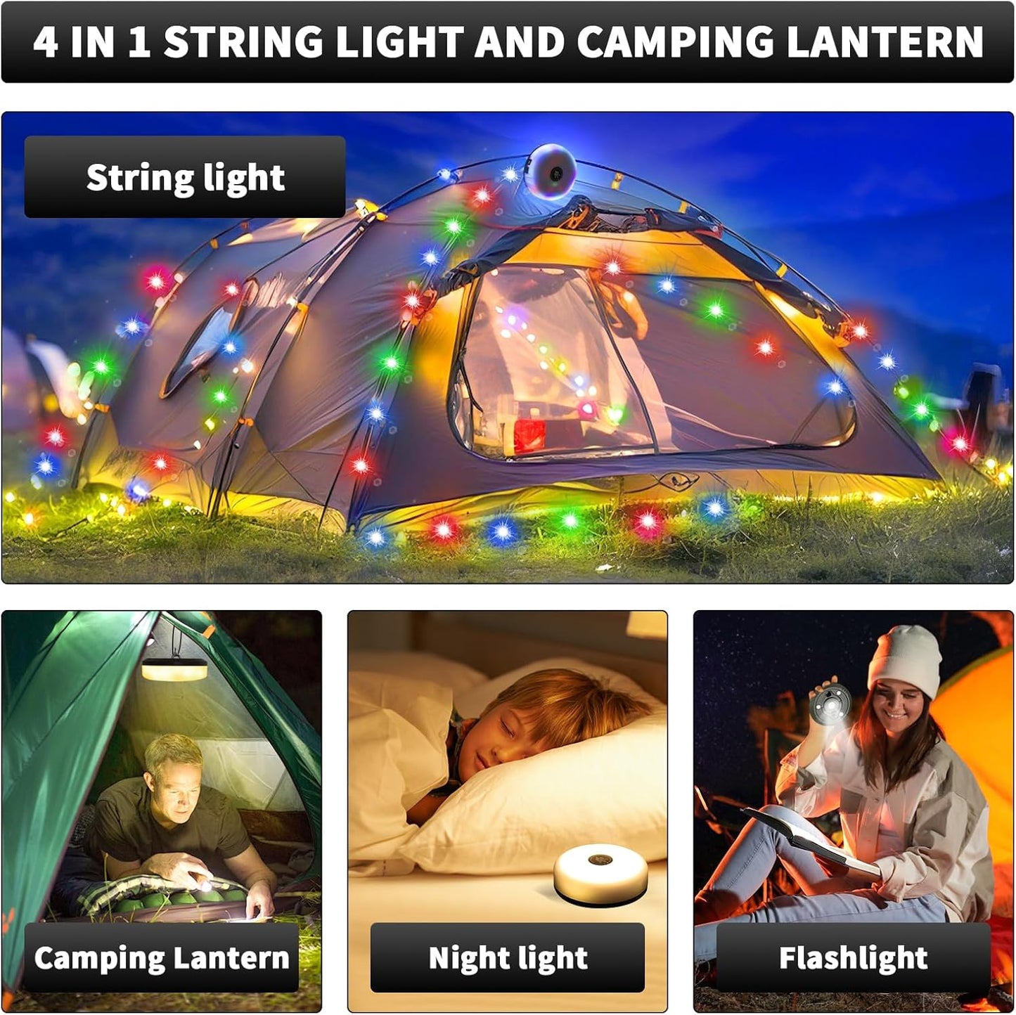 Camping String Lights, Waterproof 10M Outdoor String Lights with 8 Modes for Tent Hiking