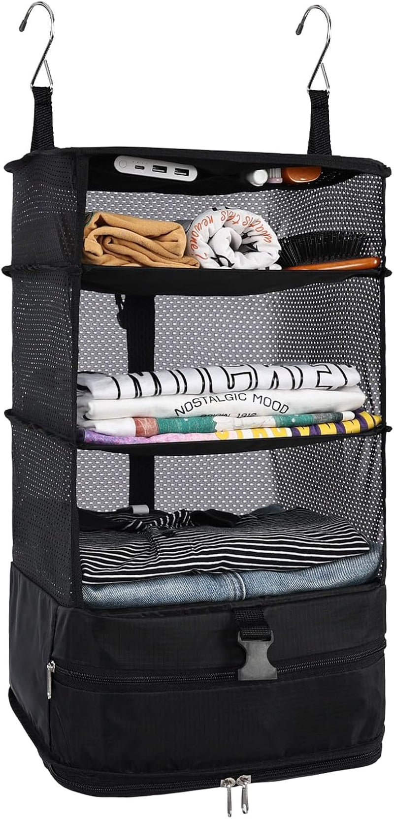 Hanging Closet Storage Bag Collapsible 3-Shelf Washable Oxford Fabric with 2 Hooks (L 11.41 * 11.41 * 19.68In, Black)