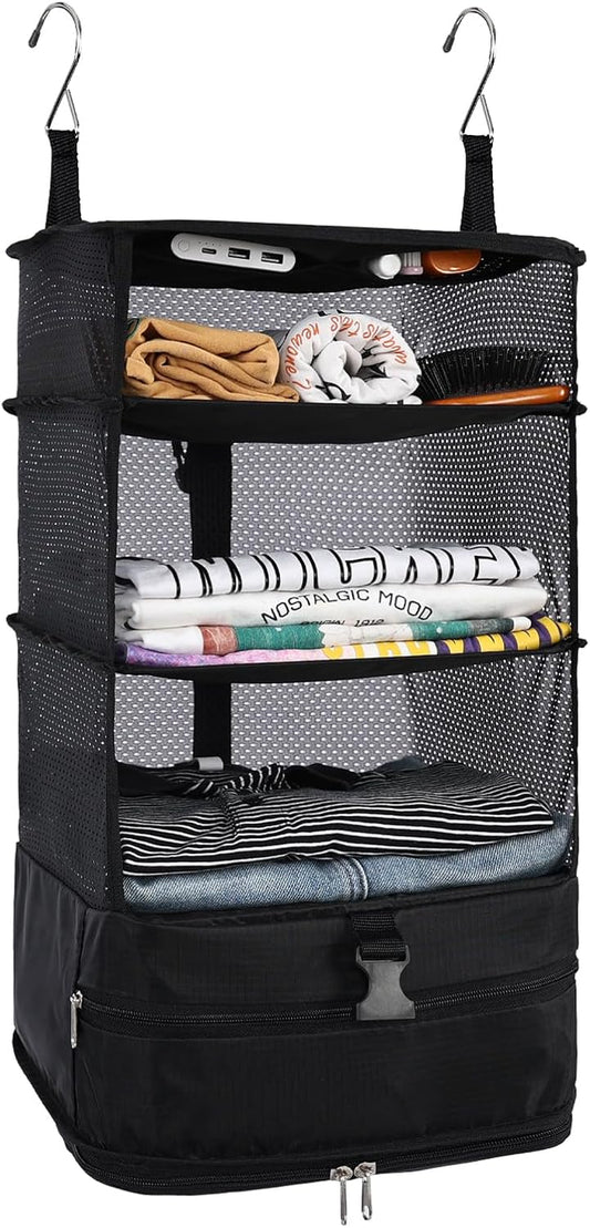 Hanging Closet Storage Bag Collapsible 3-Shelf Washable Oxford Fabric with 2 Hooks (L 11.41 * 11.41 * 19.68In, Black)