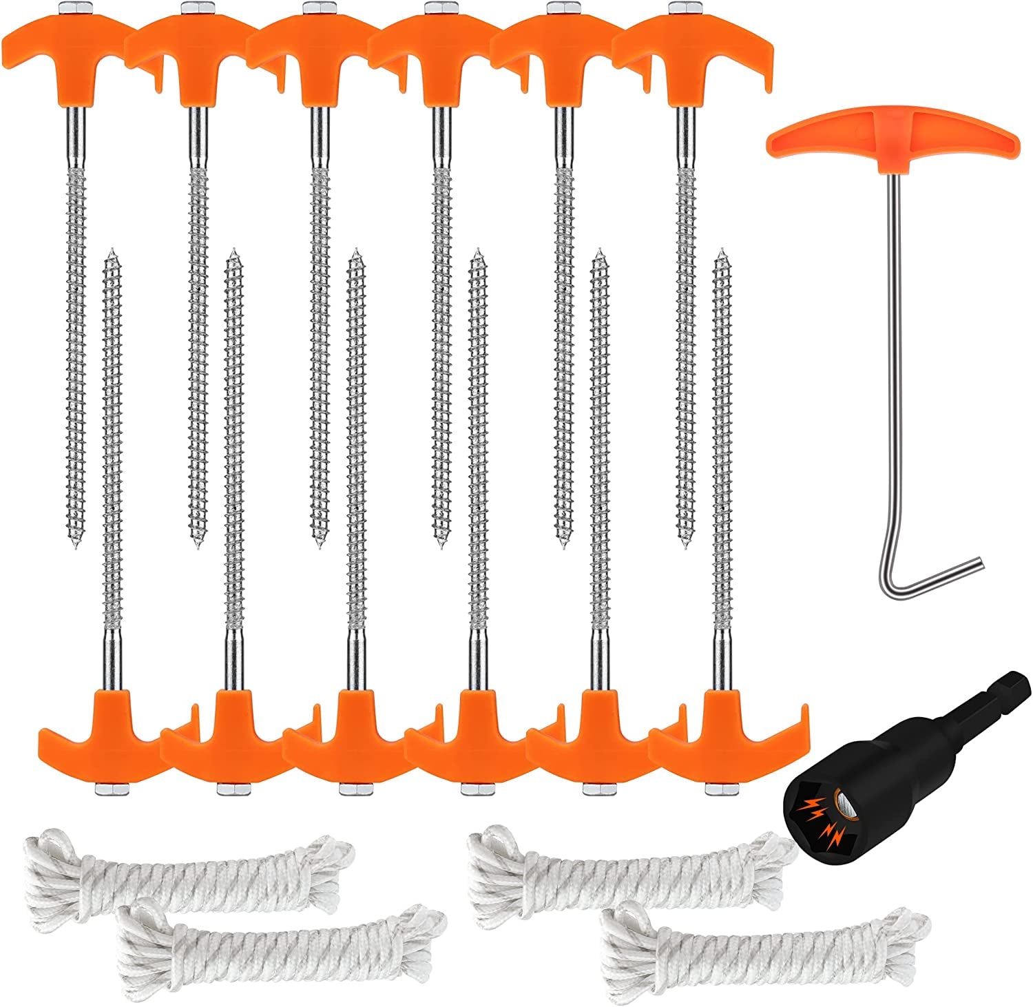 18-Pack Tent Stake Set, Heavy Duty Tent Stakes with 4X 13Ft Rope & 1X Stopper T Pull Hook