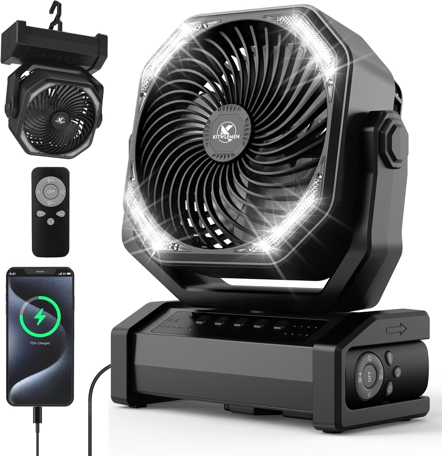 20000Mah Camping Fan with LED Light, Auto-Oscillating Desk Fan with Remote & Hook, Rechargeable Battery Operated Tent Fan, 4 Powerful Speeds 4 Timers USB Fan for Camping Jobsite Hurricane Emergency