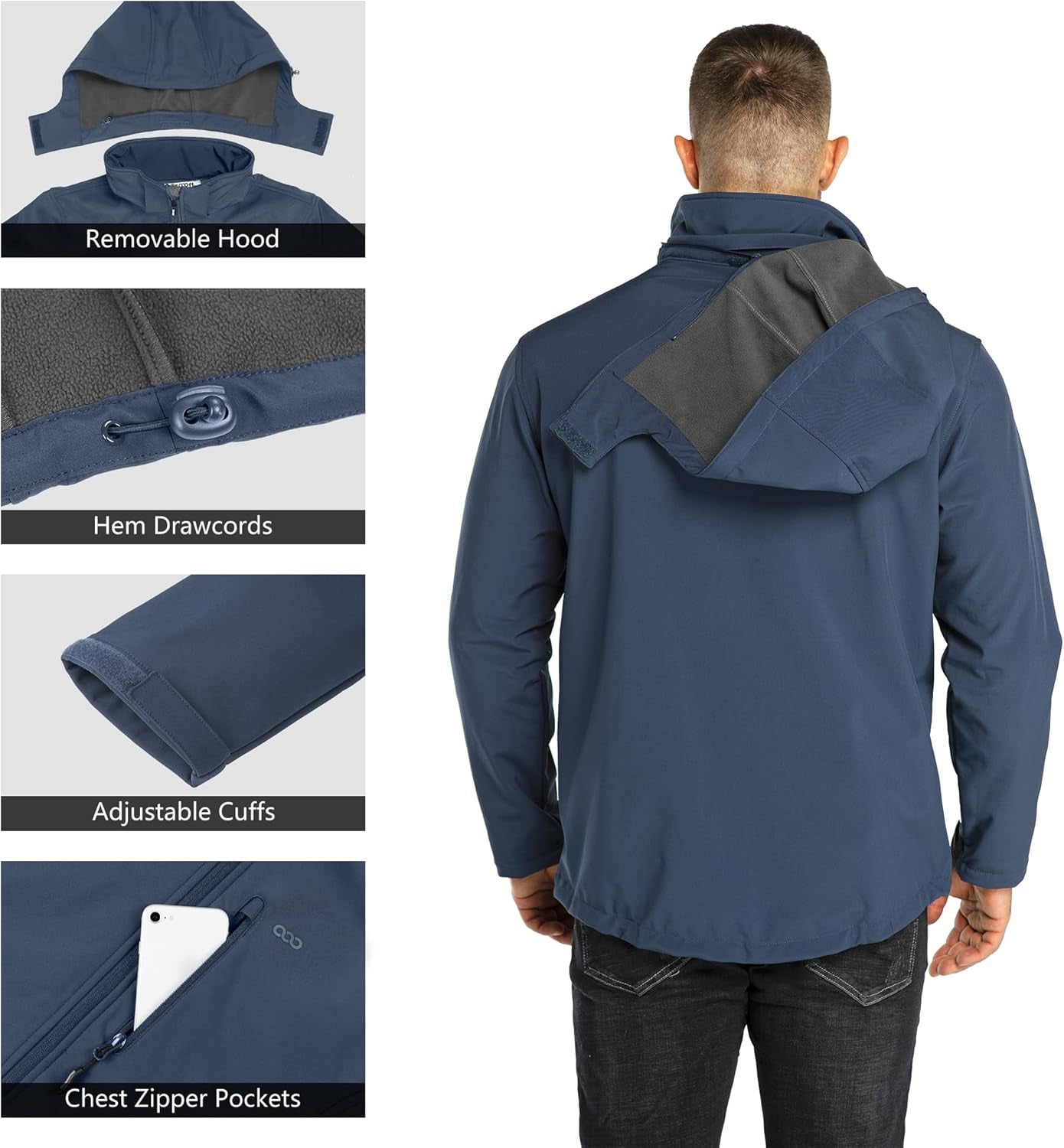 Men'S Waterproof Jackets Fleece Lining Softshell Jacket - Multi Pockets Outdoor Windproof Coat with Detachable Hood for Spring Fall Winter