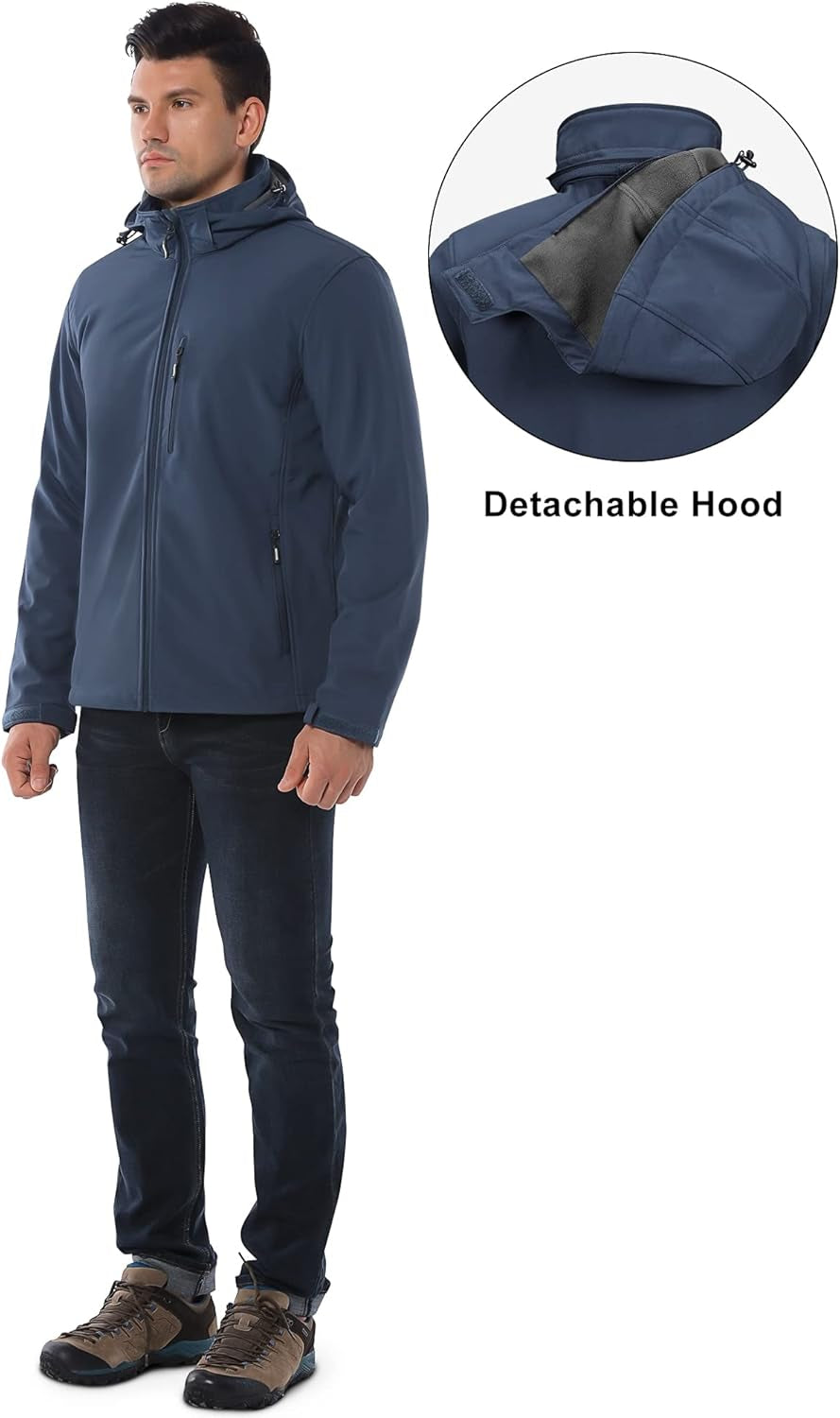 Men'S Waterproof Jackets Fleece Lining Softshell Jacket - Multi Pockets Outdoor Windproof Coat with Detachable Hood for Spring Fall Winter