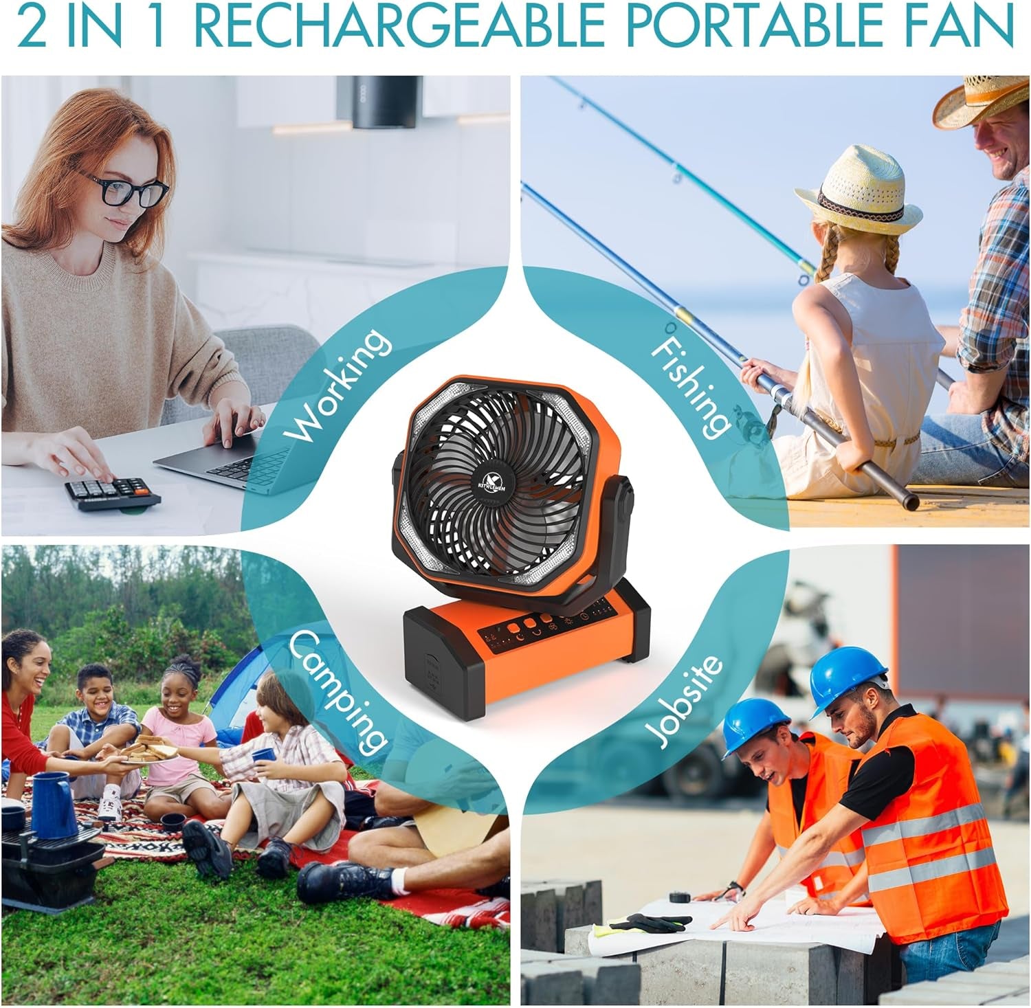 20000Mah Camping Fan with LED Light, Auto-Oscillating Desk Fan with Remote & Hook, Rechargeable Battery Operated Tent Fan, 4 Powerful Speeds 4 Timers USB Fan for Camping Jobsite Hurricane Emergency