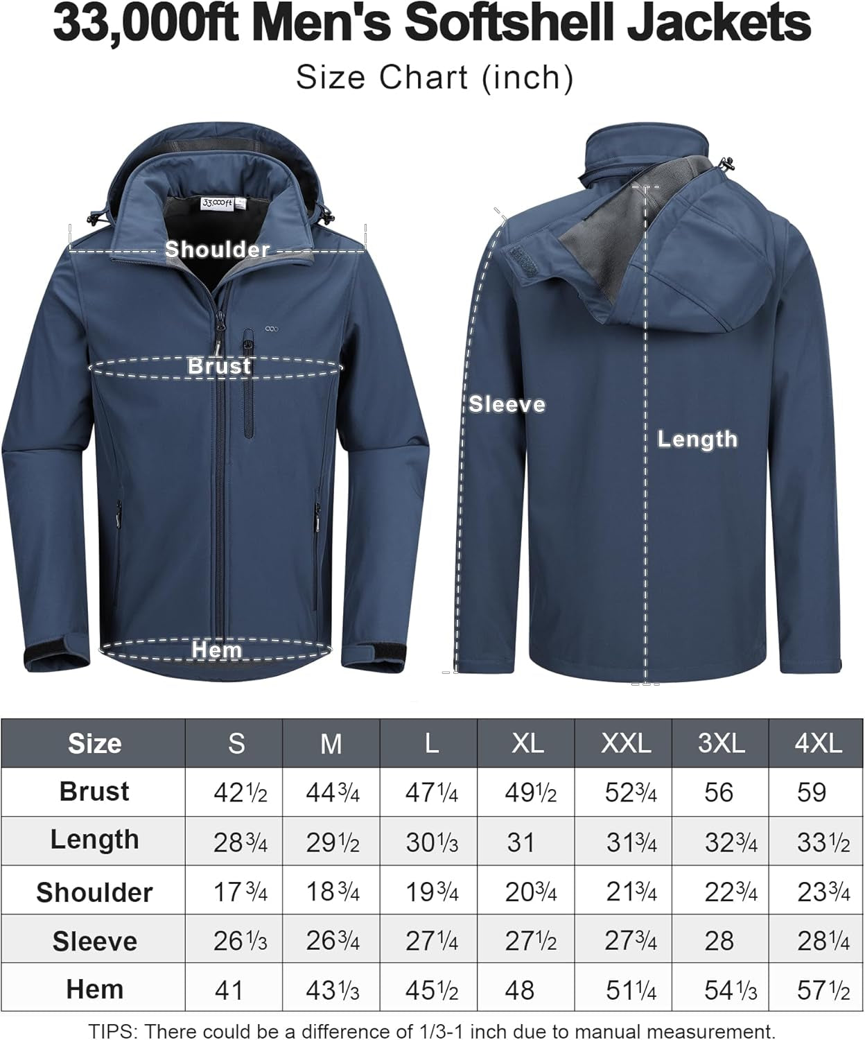 Men'S Waterproof Jackets Fleece Lining Softshell Jacket - Multi Pockets Outdoor Windproof Coat with Detachable Hood for Spring Fall Winter