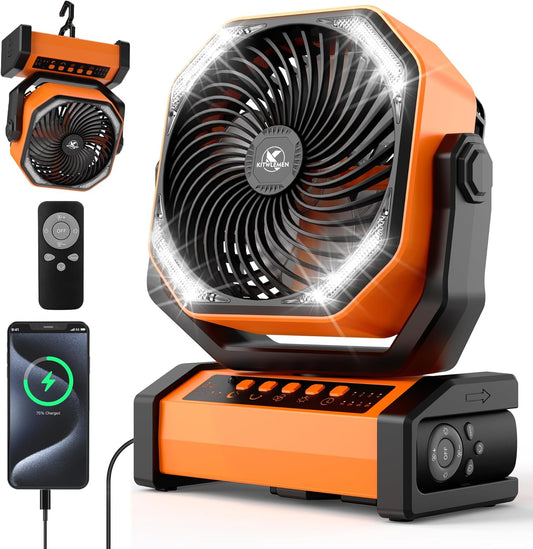 20000Mah Camping Fan with LED Light, Auto-Oscillating Desk Fan with Remote & Hook, Rechargeable Battery Operated Tent Fan, 4 Powerful Speeds 4 Timers USB Fan for Camping Jobsite Hurricane Emergency