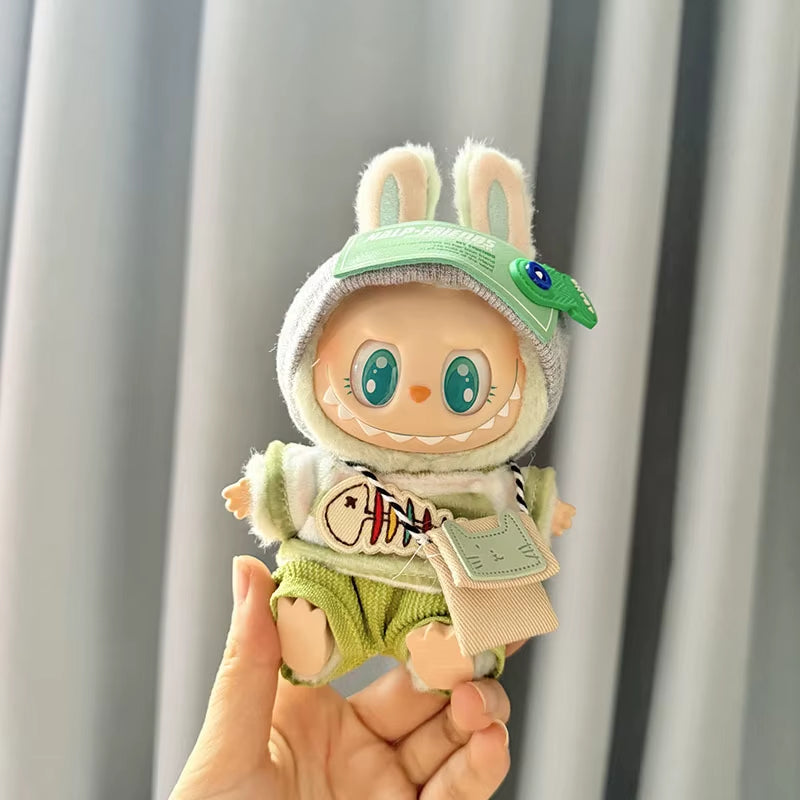 17Cm Labubu I II Idol Dolls Clothes Green Outfit with Bag Accessories Korea Kpop Exo Clothing Plush Doll'S Clothes