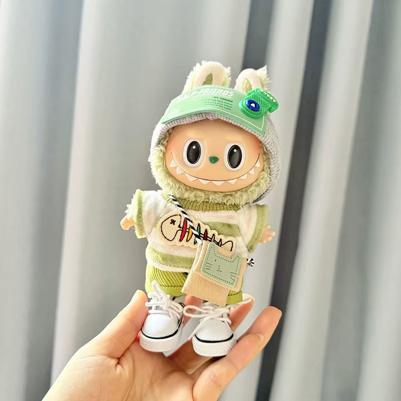 17Cm Labubu I II Idol Dolls Clothes Green Outfit with Bag Accessories Korea Kpop Exo Clothing Plush Doll'S Clothes