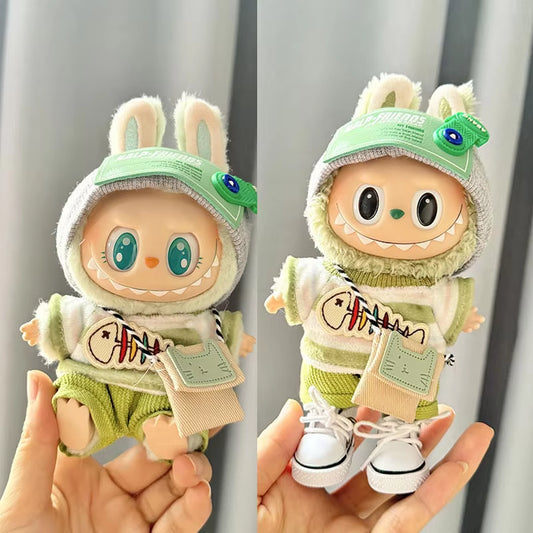 17Cm Labubu I II Idol Dolls Clothes Green Outfit with Bag Accessories Korea Kpop Exo Clothing Plush Doll'S Clothes